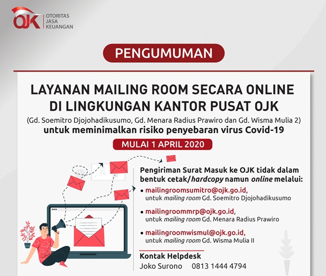 Mulai  1 April OJK Hanya Buka Layanan Mailing Room Secara Online