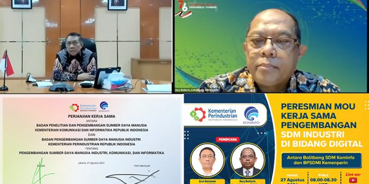 Penandatanganan Nota Kesepahaman tentang Pengembangan Sumber Daya Manusia Industri, Komunikasi dan Informatika yang berlangsung virtual di Jakarta, 27/08/2021